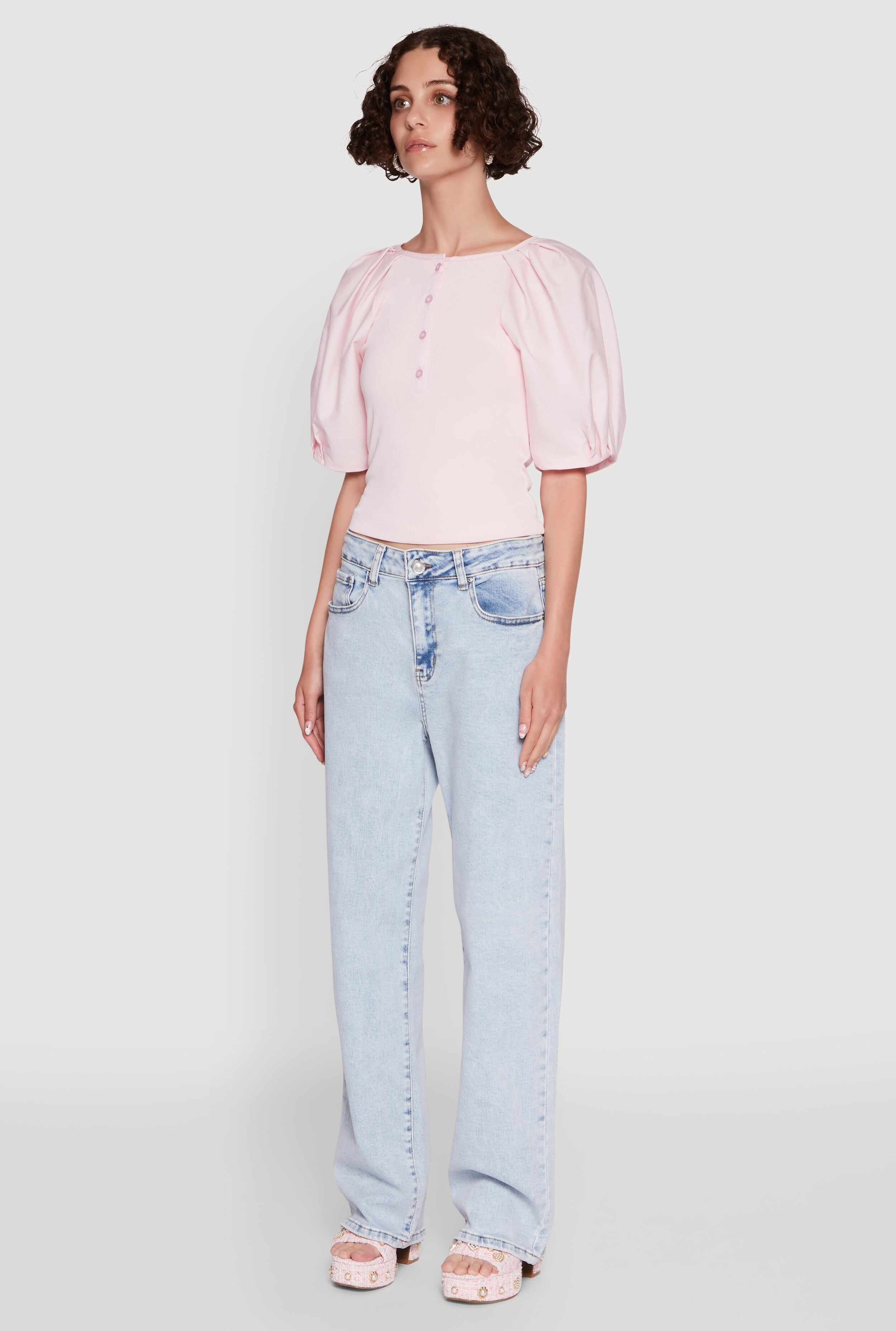 Rib Knit Puff Sleeve Henley Top