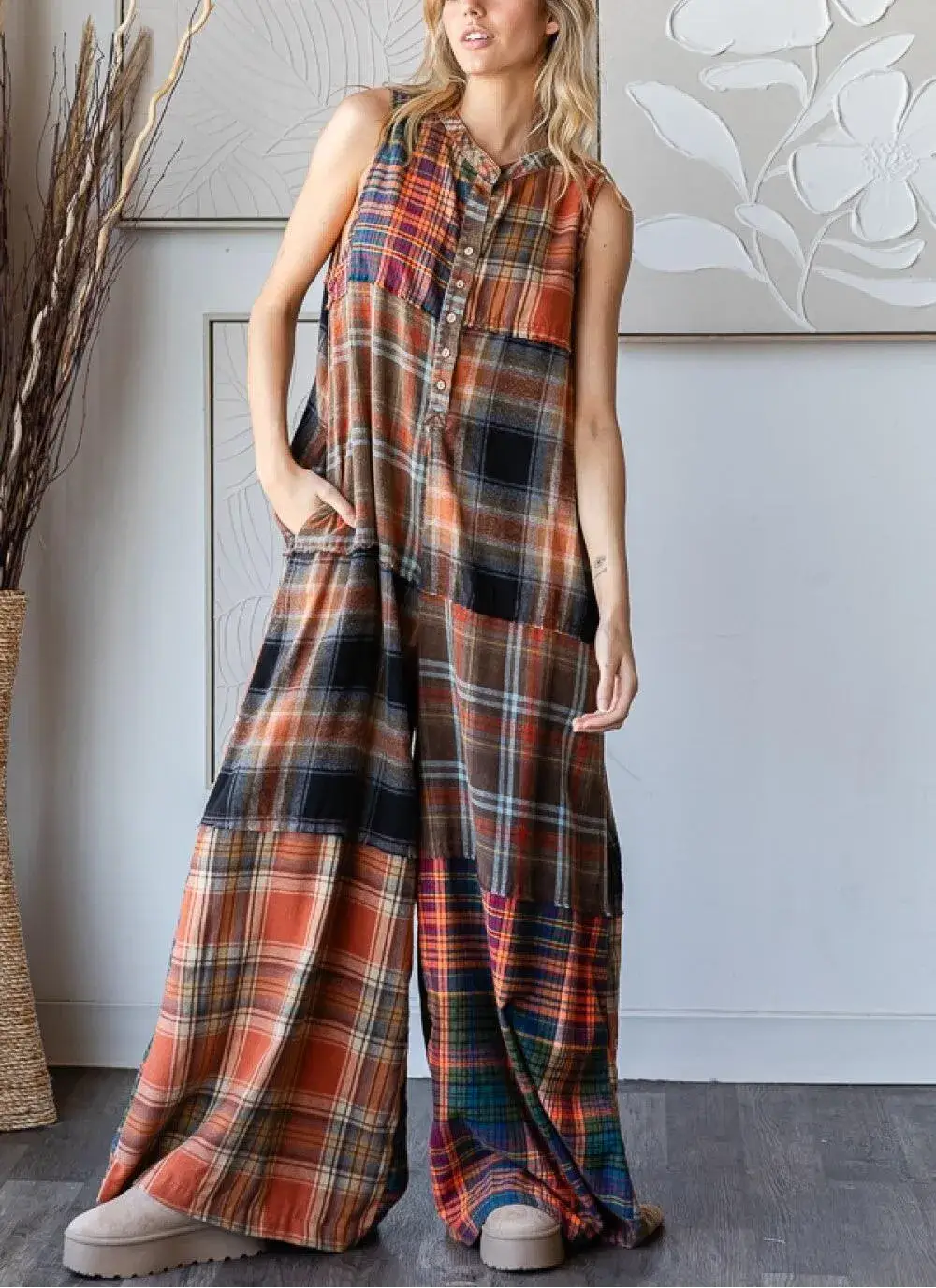 Extra Wide Leg Plaid Button Jumpsuit