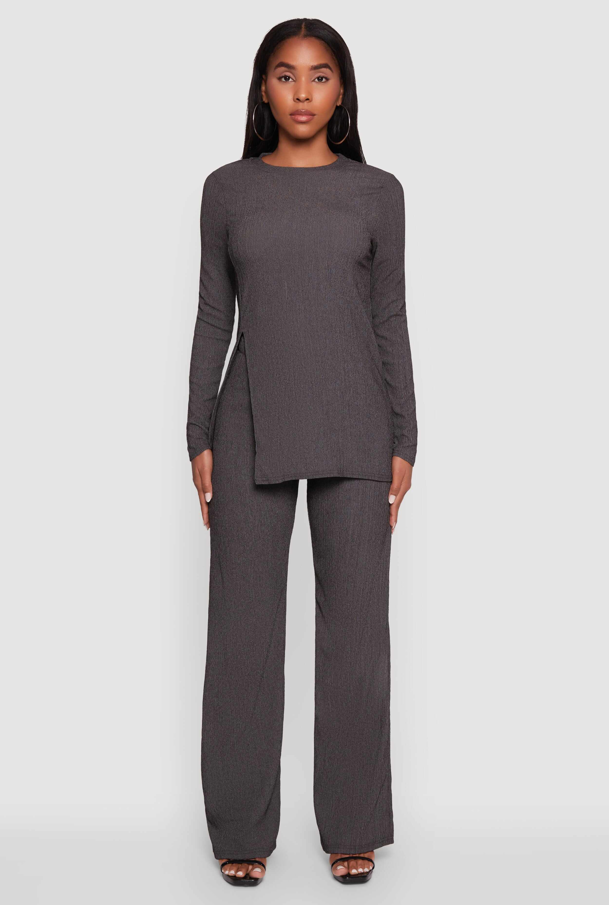 Seersucker Crew Neck Side Slit Long Sleeve Top