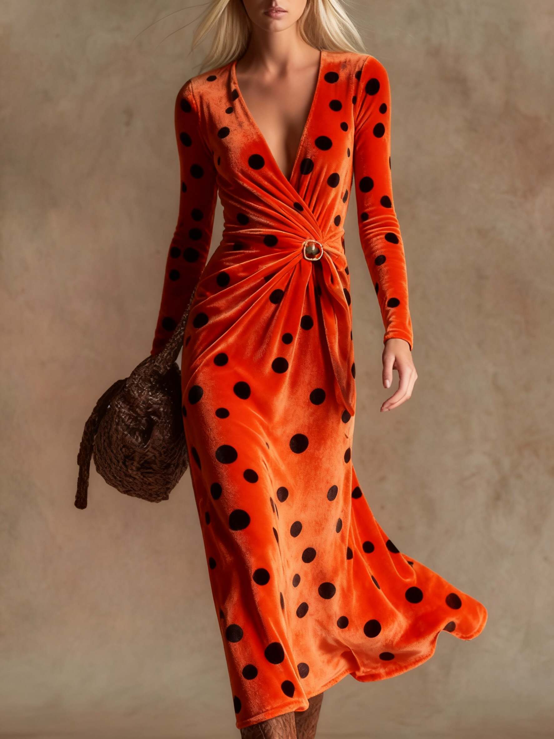 Elegant vintage print V-neck velvet maxi dress