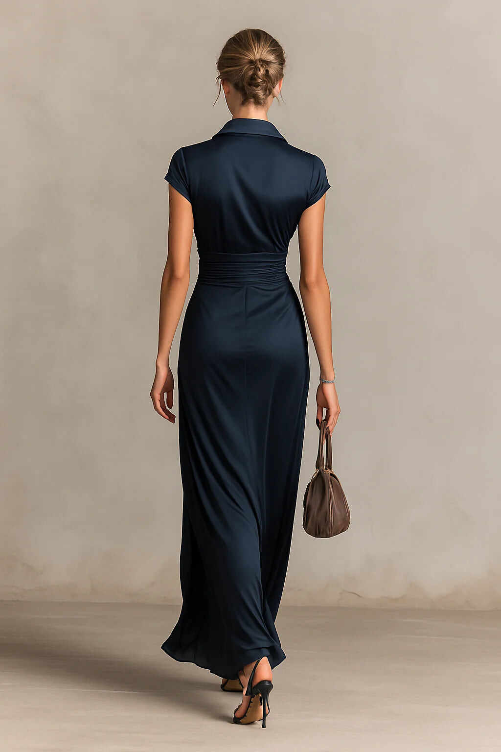 Satin Button Lapel Short Sleeve Waist Length Dress