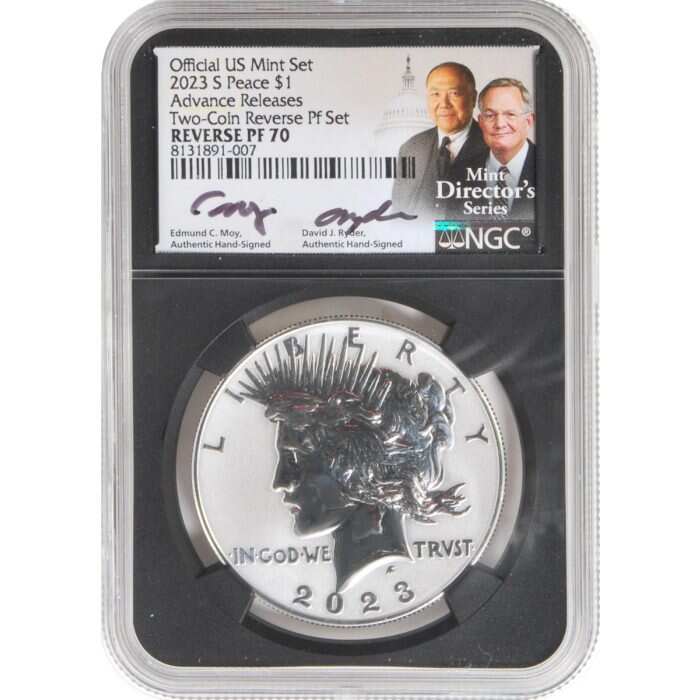 2023 6 PC Morgan and Peace Silver Dollars NGC MS70/PF70/ Reverse PF70 Advance Releases signed by Edmund C. Moy & David Ryder U.S. Mint Directors