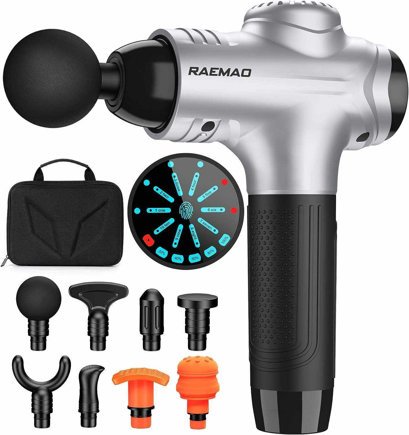 RAEMAO Massage Gun Deep Tissue, Back Massage Gun for Athletes for Pain Relief Attaching 8 PCS Specialized Replacement Heads, Percussion Massager with 10 Speeds & LED Screen, Carbon