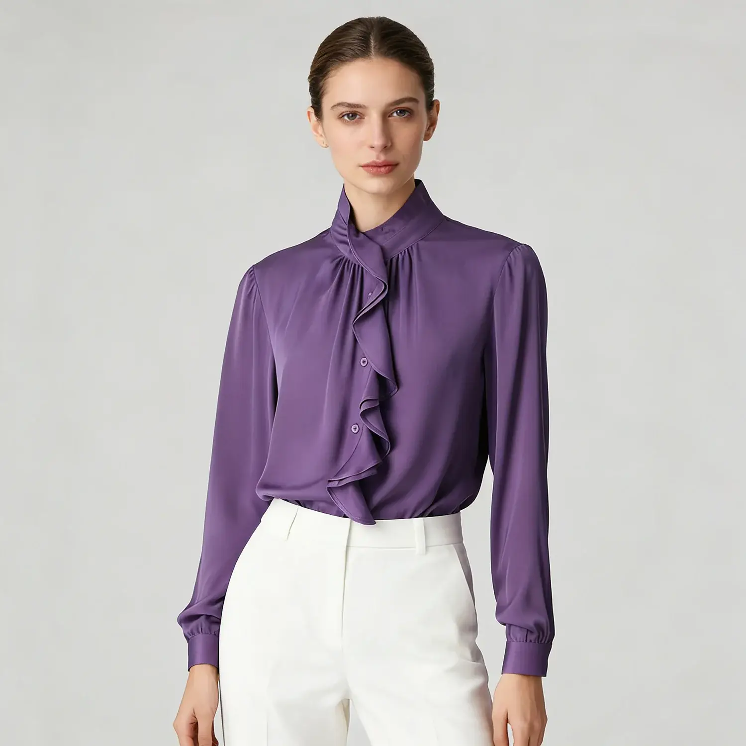 Ruffled Silk Blouse Solid Color