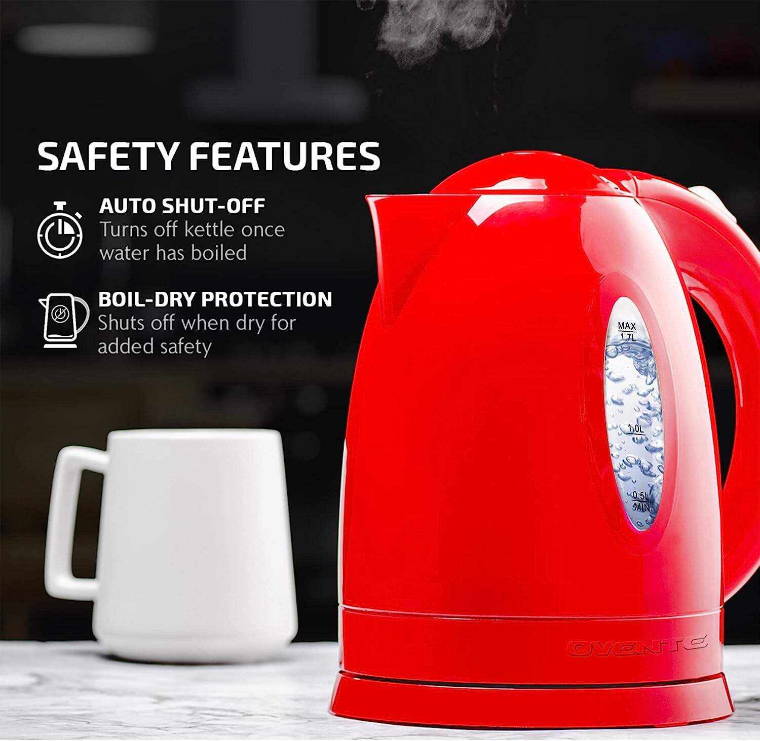 OVENTE Electric Kettle Hot Water Heater 1.7 Liter - BPA Free Fast Boiling Cordless Water Warmer - Auto Shut Off Instant Water Boiler for Coffee & Tea Pot - White KP72W