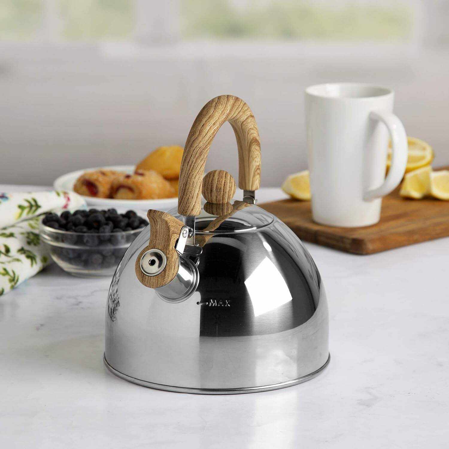 Primula Stewart Whistling Stovetop Tea Kettle Food Grade Stainless Steel, Hot Water Fast to Boil, Cool Touch Folding, 1.5-Quart, Brushed with Black Handle