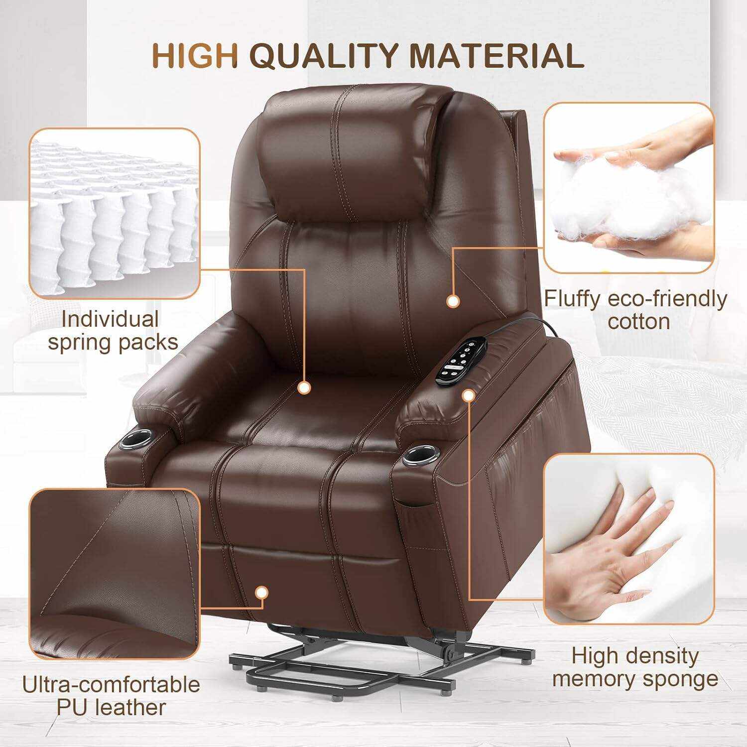 YONISEE Lar2ge Lift Chairs Recliner for Elderly - Power Fabric Lift Chair Modern with Massage and Heat, Extended Footrest, 3 Positions, 2 Side Pockets, and Cup Holders, USB Ports, Coffee Color