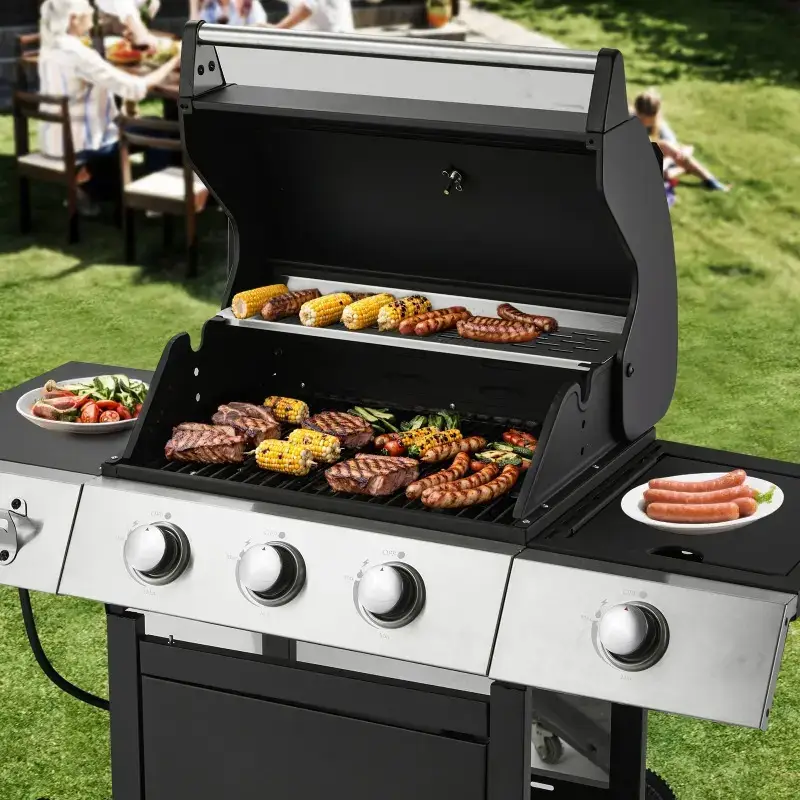3-Burner Outdoor Barbeque Grill - Side Burner & Cast Iron Grates, 43.3