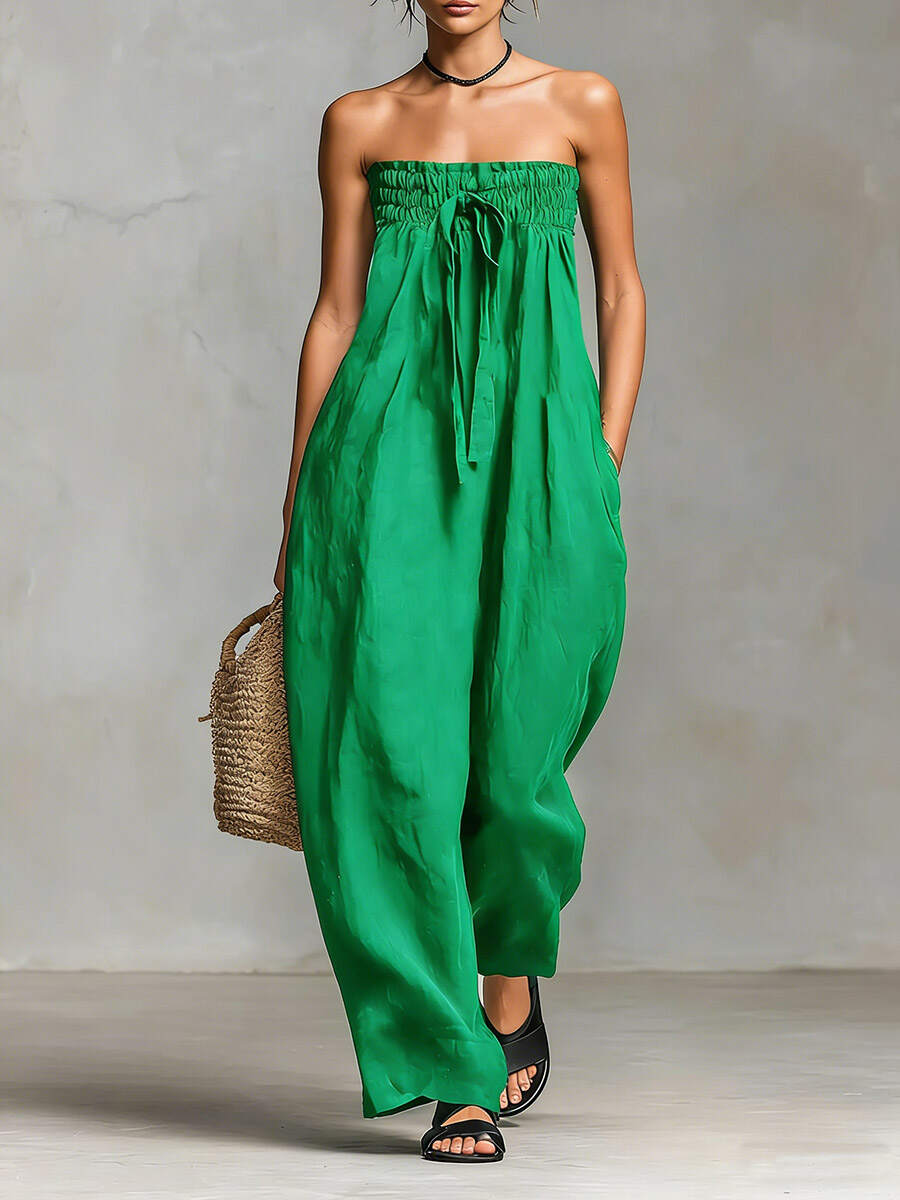 🔥Summer Arrivals🌟Women's Solid Color Strapless Casual Loose Cotton And Linen Jumpsuit