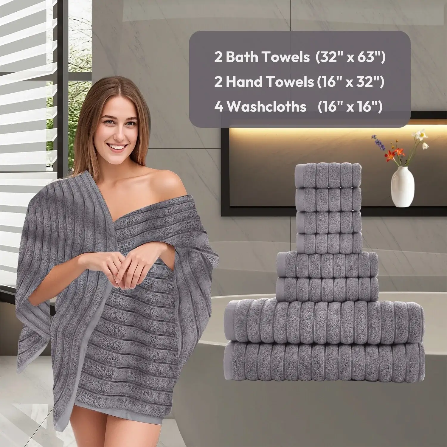 8 Piece Oversized Bath Towel Set, 100% Cotton Bath Towels, Highly Absorbant Bordered Towels