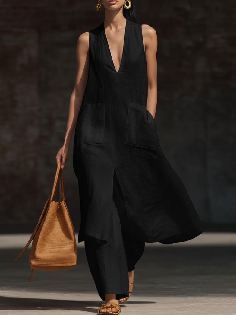 🔥Summer Arrivals🌟Stylish V-neck Long Shirt And Wide-leg Pant Linen Two-piece Set