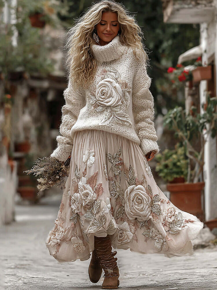 Vintage Rose In White Art Cozy Knit Turtleneck Sweater And Linen Skirt Two-piece Set