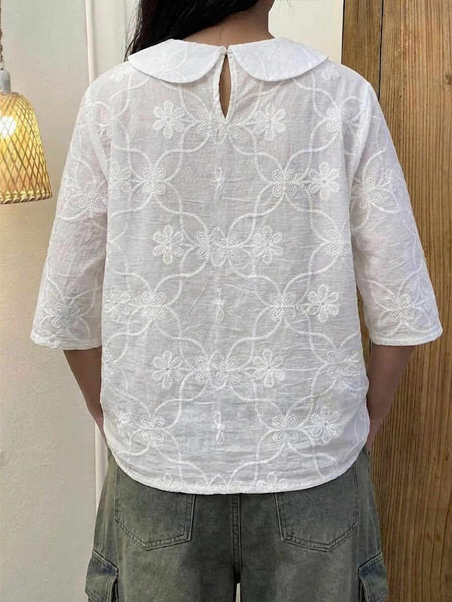🔥Summer Arrivals🌟Women's Solid Color Peter Pan Collar 3/4 Sleeve Casual Loose Cotton Embroidered Top