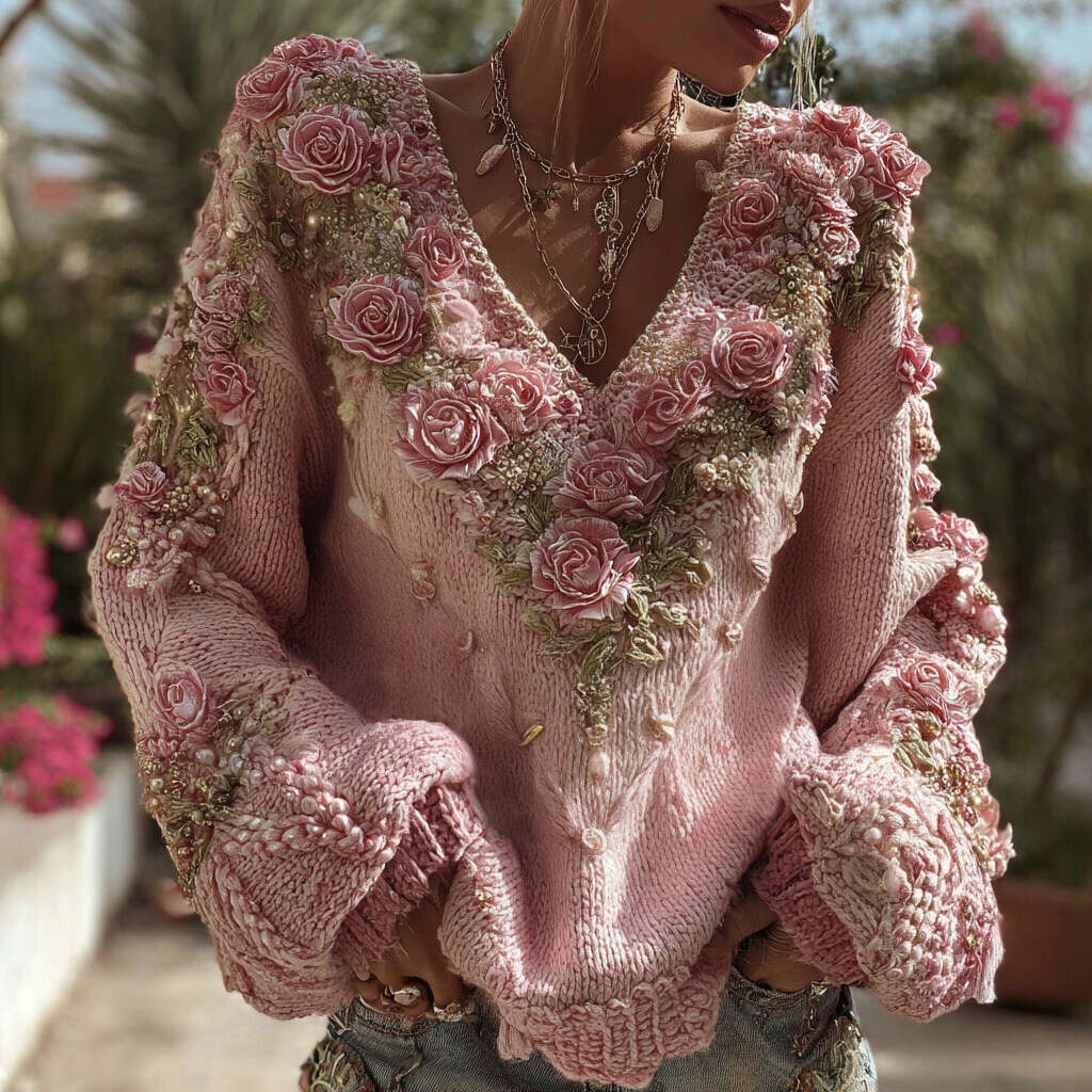 Women's Vintage Pink Rose Chunky Knit V-neck Sweater
