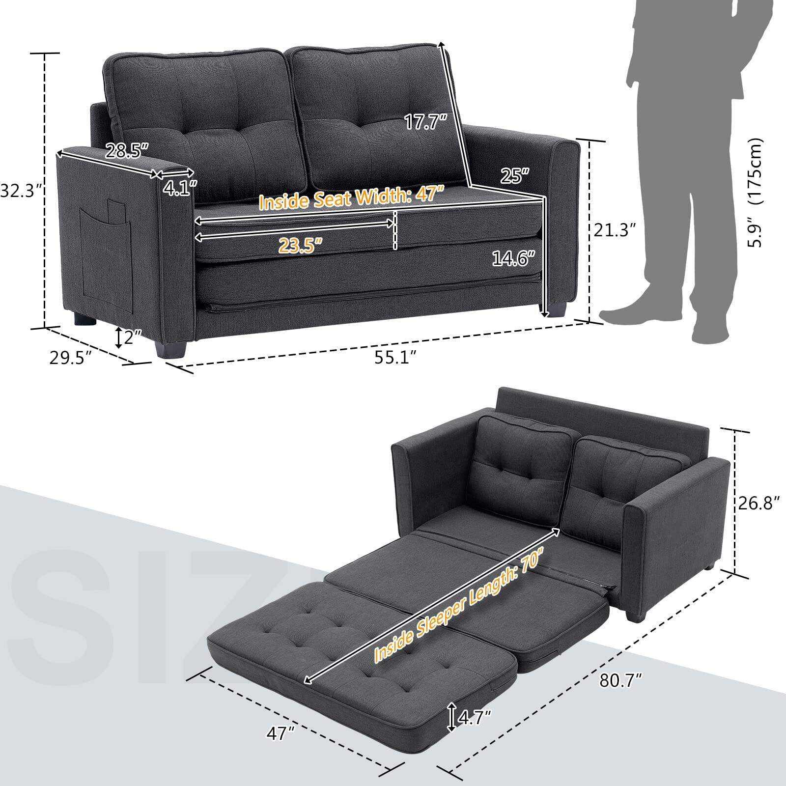80in Loveseat Sleeper Convertible Loveseat Sofa Bed Black/Navy Blue/Dark Grey/Light Grey/Teal Blue