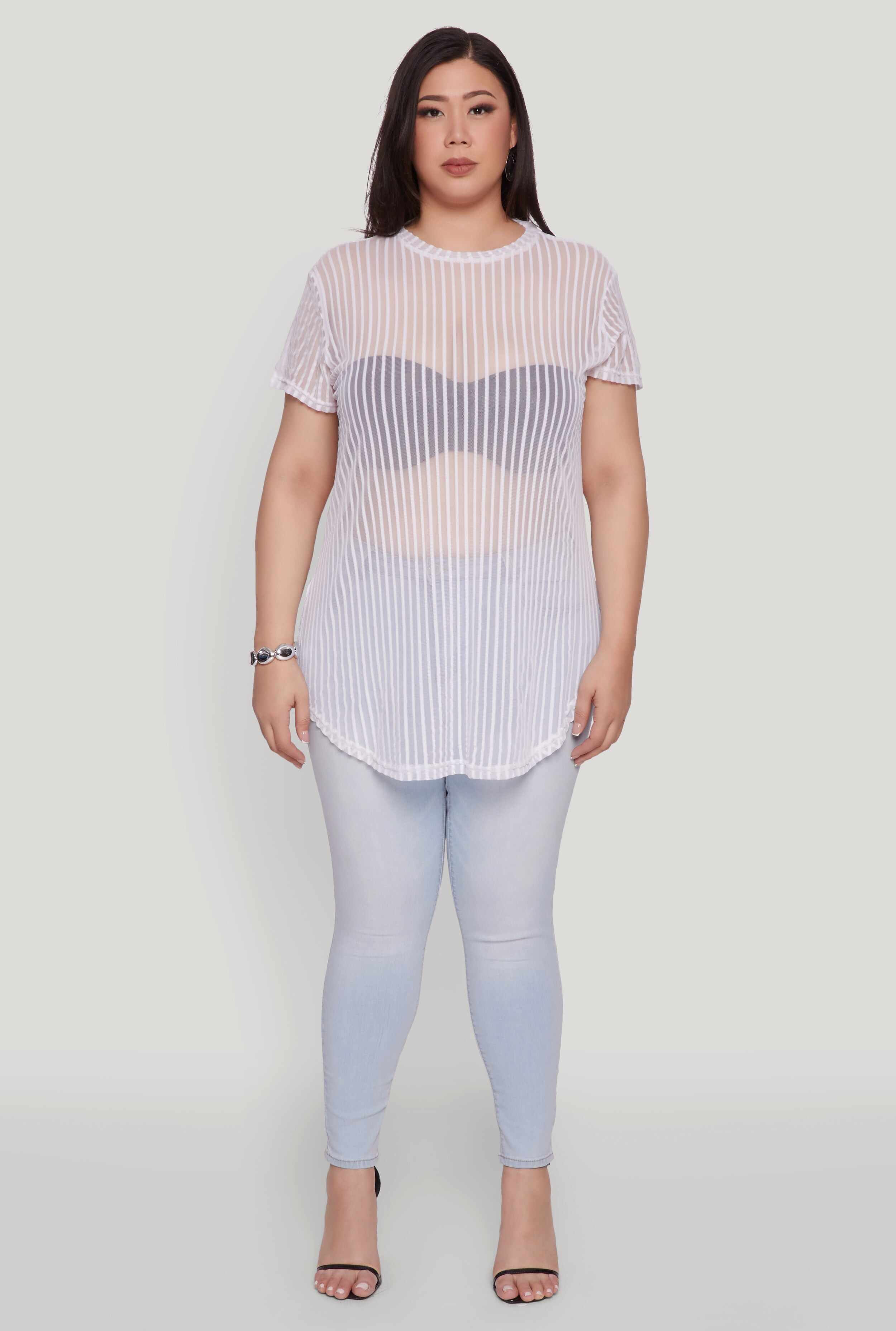 Plus Size Shadow Stripe Mesh Top