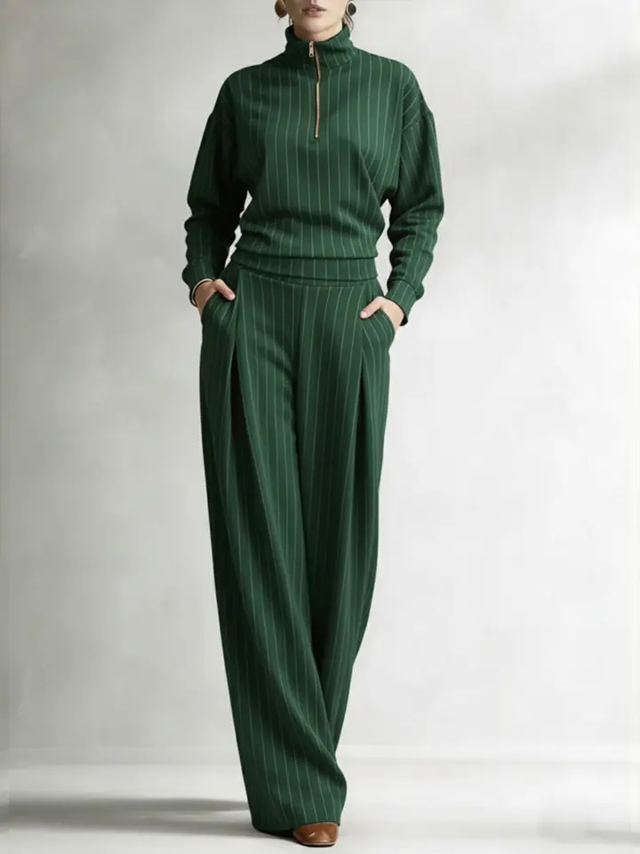 🔥Summer Arrivals🌟Women's Striped Stretch Cotton Half-zip Top And Wide-leg Pants Two-piece Set
