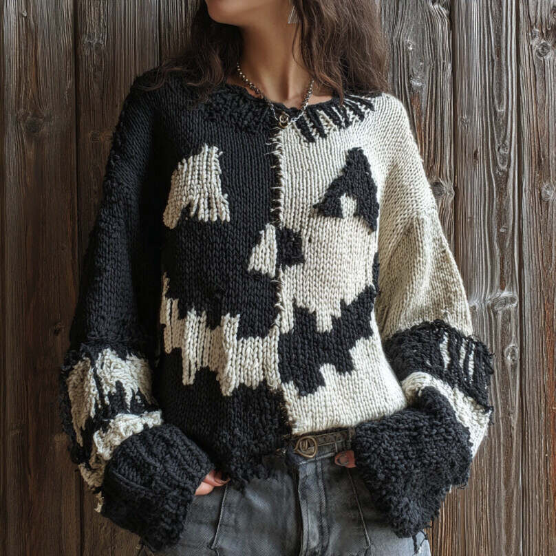 Women's Halloween Pumpkin Face Patchwork Cozy Pullover Knit Sweater