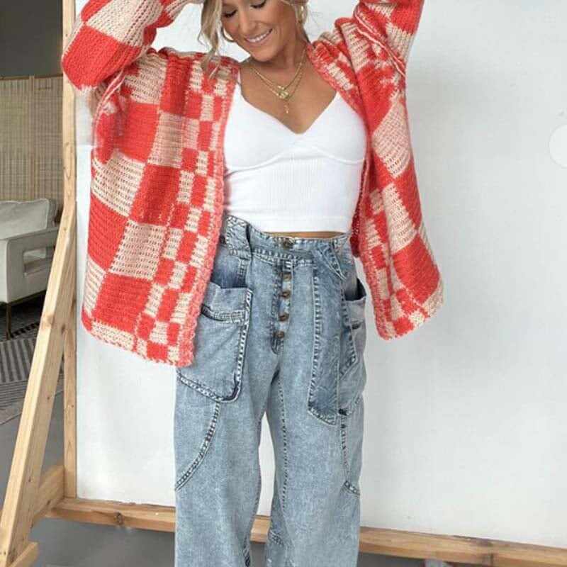 💖 Women's Checkered Open Front Cardigan