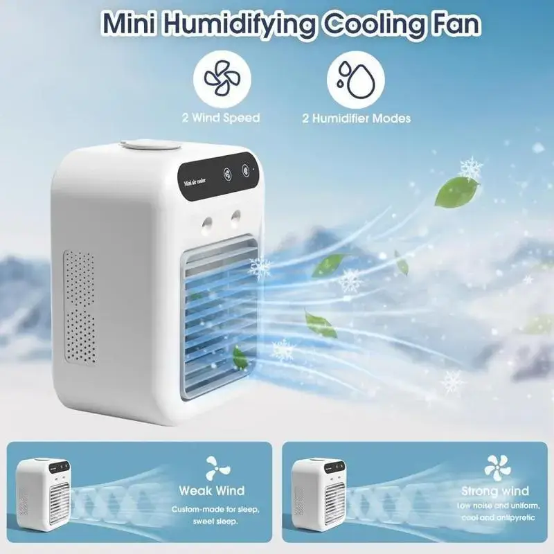 Portable Air Cooler Fan 3 in 1 Rechargeable Fan with 2 Mist Speeds and Powerful Wind, Mini Multifunctional Cooling Fan for Bedroom, Office, Camping