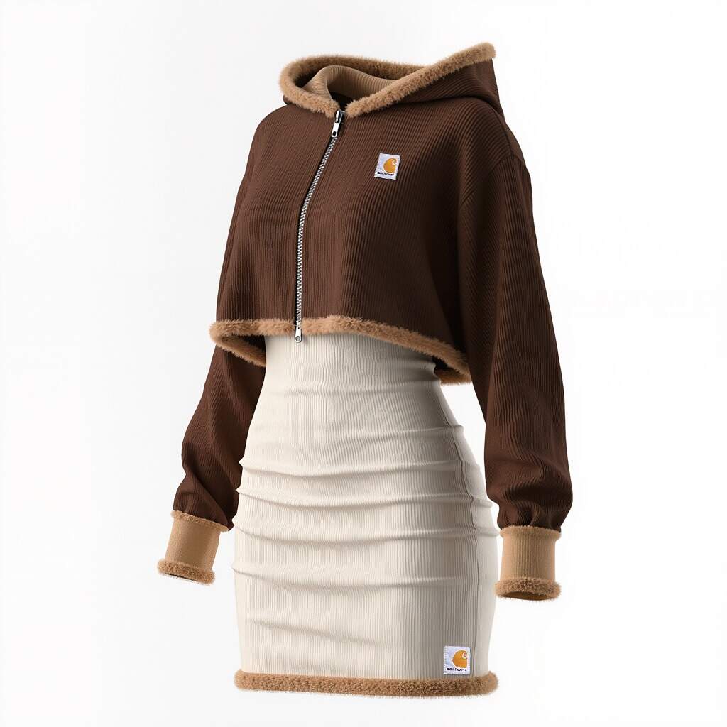 Women's Retro Cozy Brown Hooded Jacket With Cream Ribbed Skirt Set