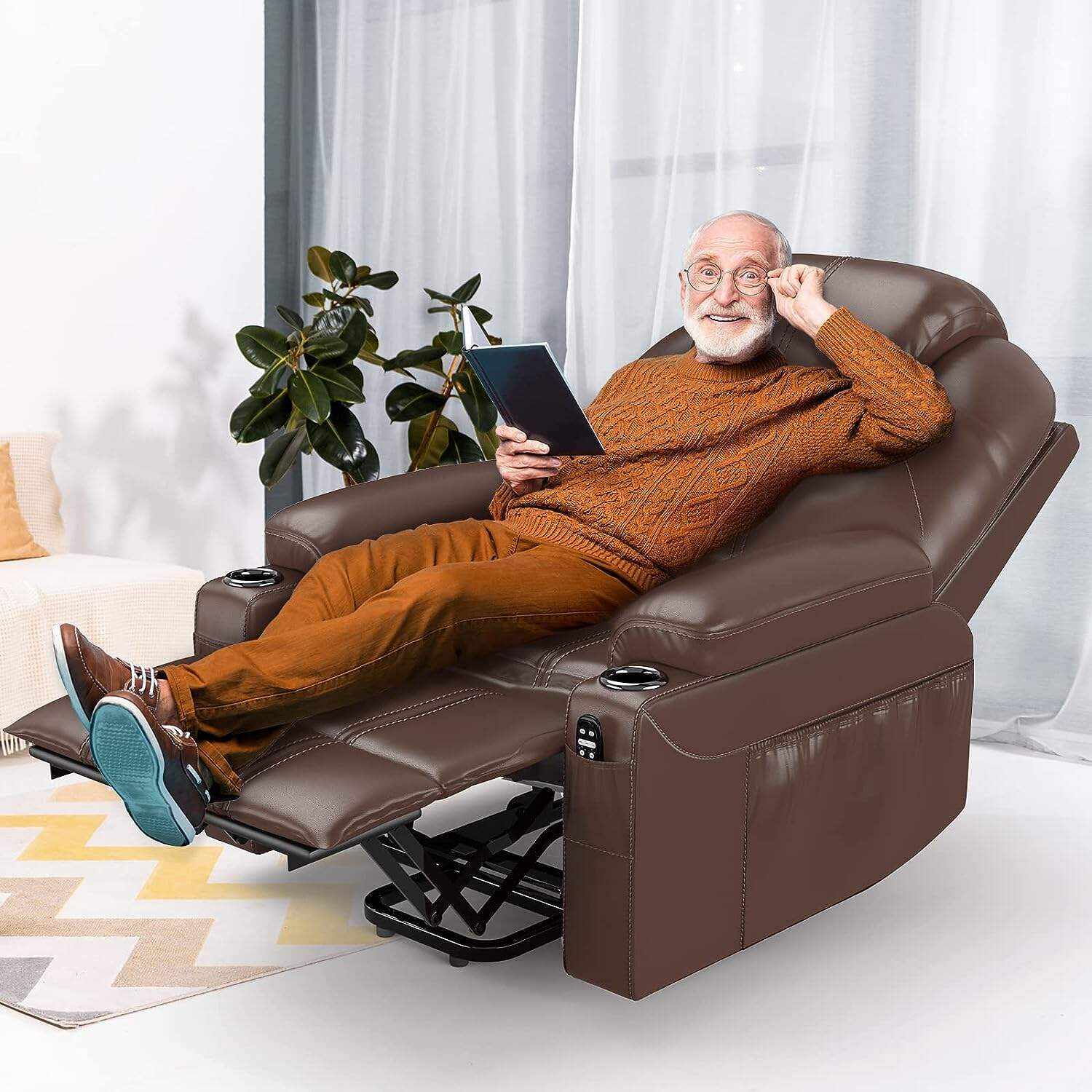 YONISEE Lar2ge Lift Chairs Recliner for Elderly - Power Fabric Lift Chair Modern with Massage and Heat, Extended Footrest, 3 Positions, 2 Side Pockets, and Cup Holders, USB Ports, Coffee Color