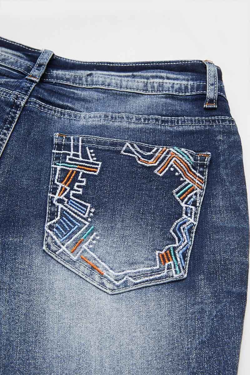 Embroidered Wash High Stretch Low Waist Capri Jeans
