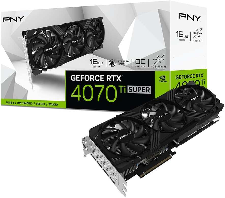 PNY GeForce RTX™ 4070 Ti Super 16GB VERTO™ OC Triple Fan Graphics Card DLSS 3 (256-bit, GDDR6X, PCIe 4.0, HDMI/DisplayPort, Supports 4k, incl. Adapter & Support Bracket, 3 slot)