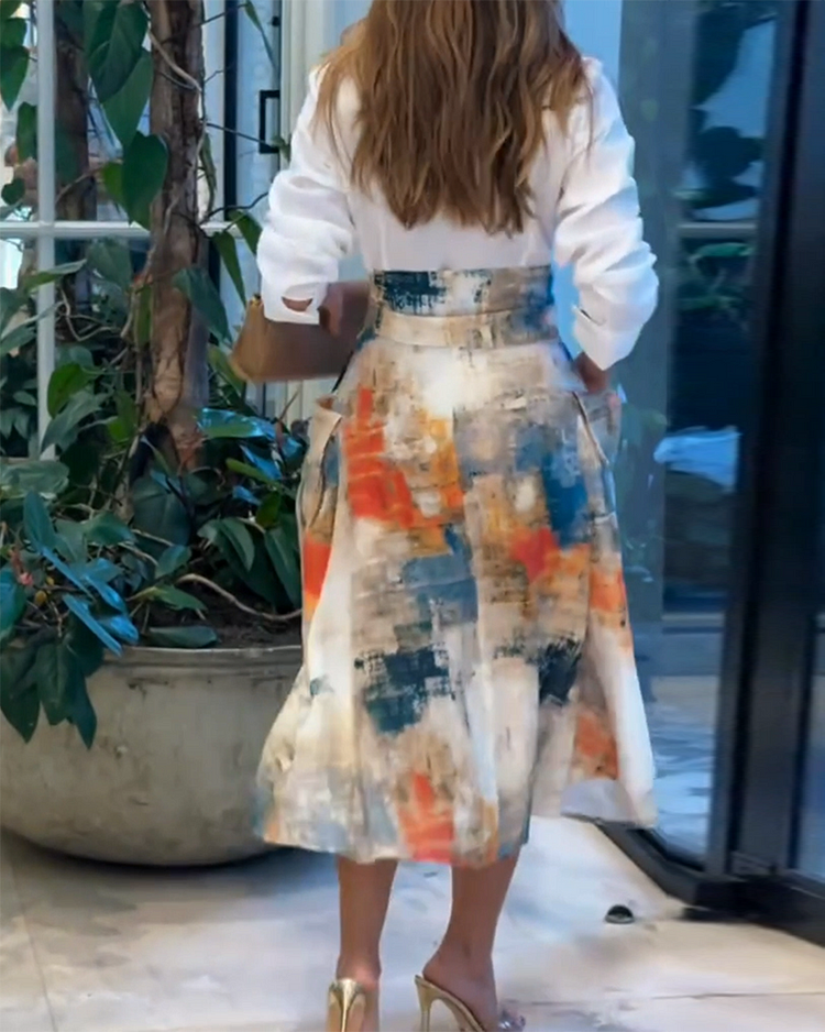 Two-piece Set with Lapel Long-sleeved Top and Tie-strap Printed Skirt
