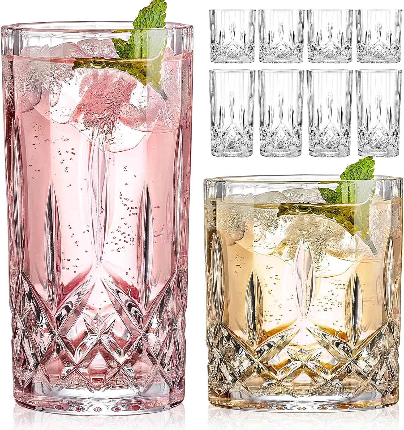 Qipecedm Drinking Cup, 8 pieces of crystal glassware, mixed glassware set, 4 pieces of crystal old-fashioned 325ml highball glasses and 4 pieces of 325ml whisky glasses. Perfect for cocktails, whisky and other beverages.