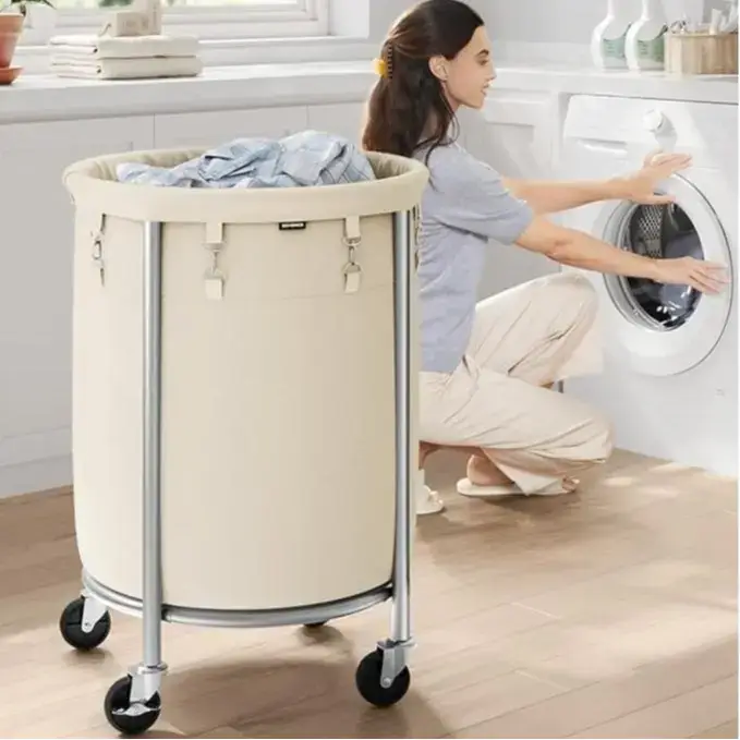 SONGMICS Rolling Laundry Basket with Wheels - Cream & Silver
