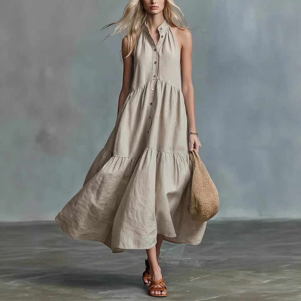 Sleeveless Casual Loose Linen Button Vest Dress