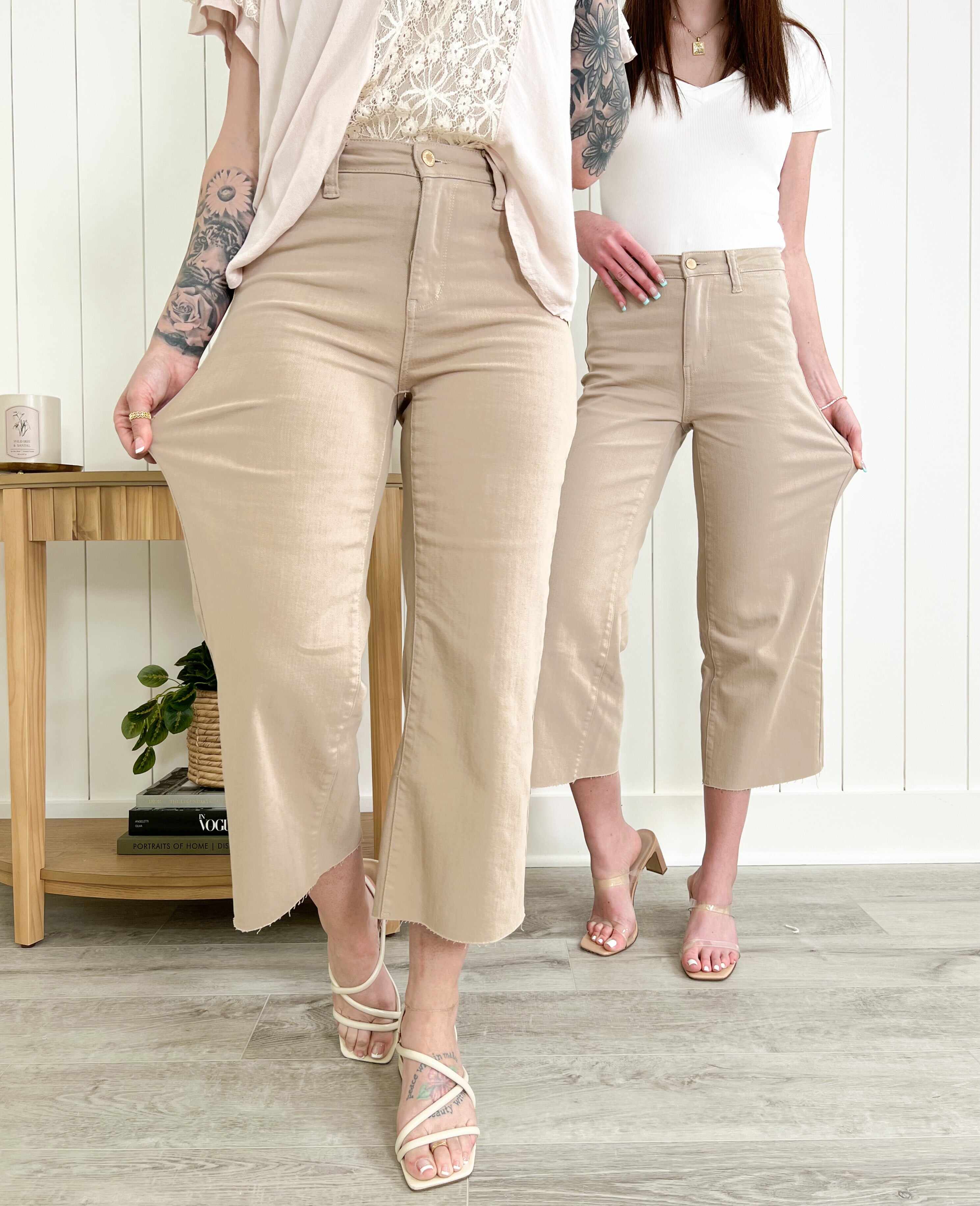 Love You a Latte  Khaki High Rise Garment Dyed Wide Leg Cropped Jeans