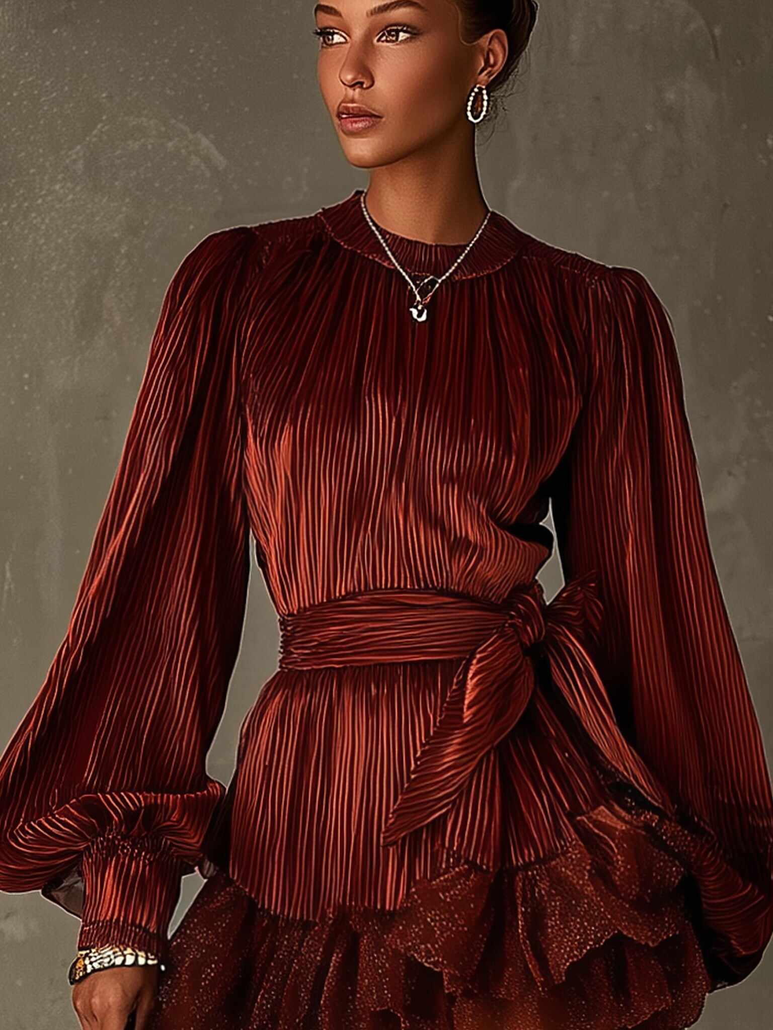 Burgundy Corduroy Lace Ruffle Hem Mini Dress