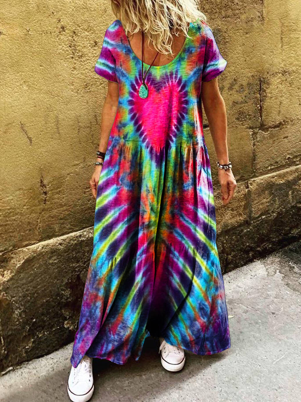 Women's Heart Tie-Dye Art Print Pocket Short Sleeve Cotton Dress