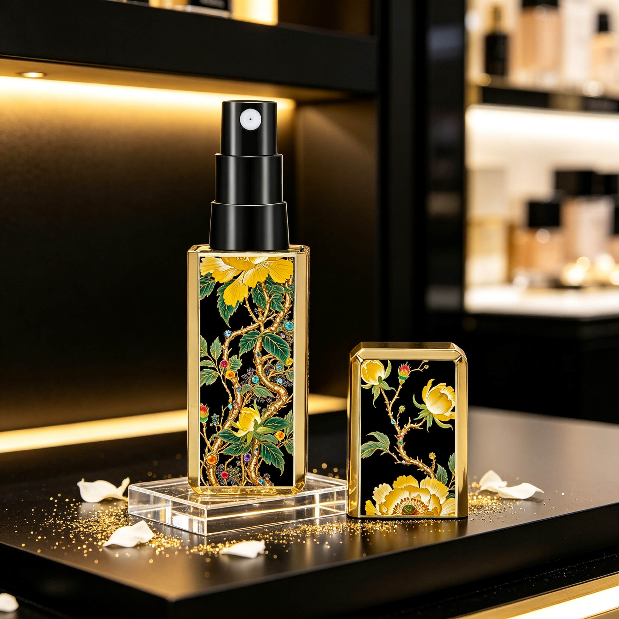 Black gold high-end square perfume bottle sample for easy travel with a straight bottom for filling perfume.
