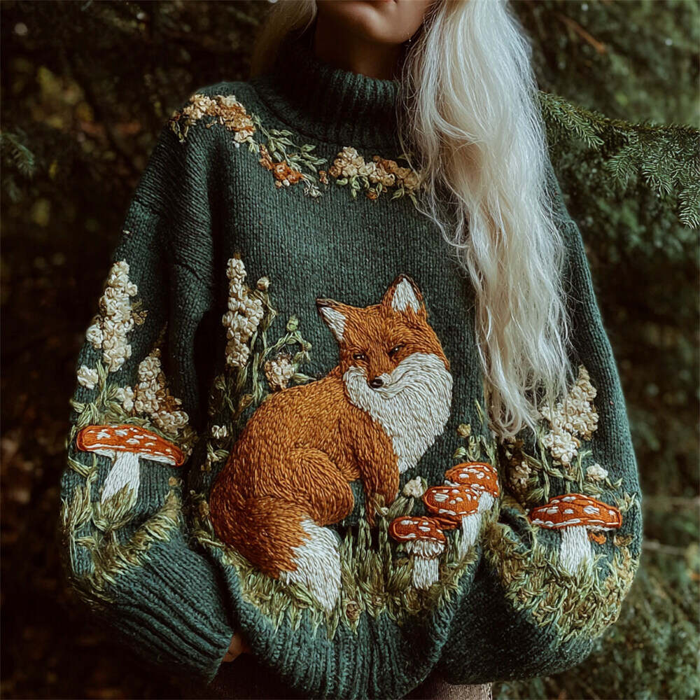 Forest Fox & Mushroom Embroidery Women's Knit Turtleneck Sweater