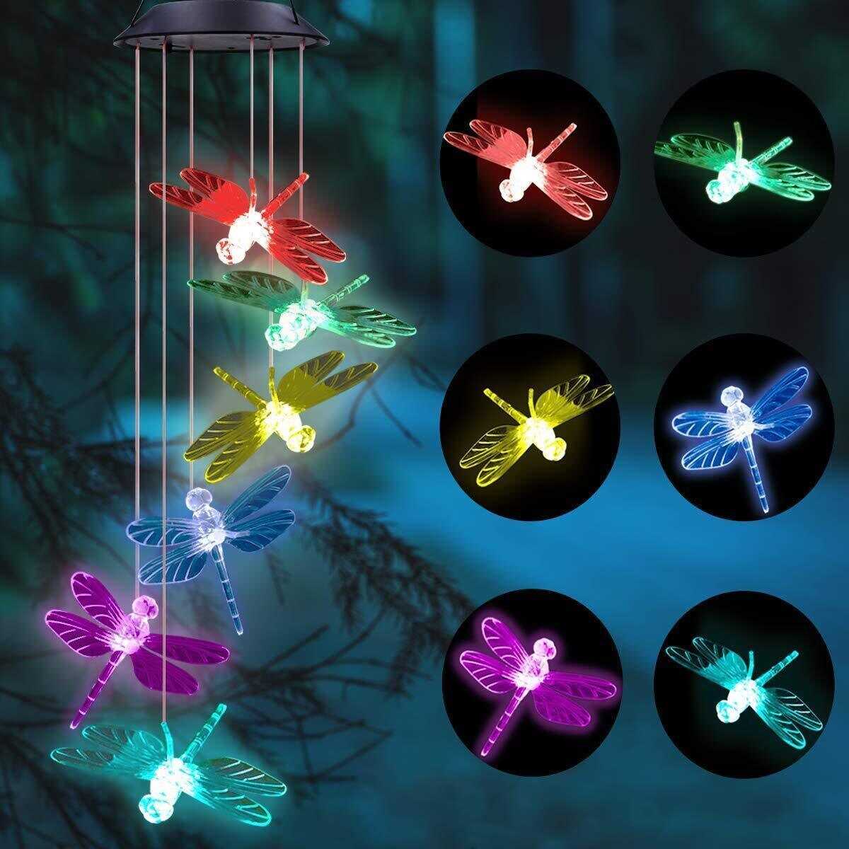 Color Changing Dragonfly Wind Chimes LED Mobile Solar Hanging Light