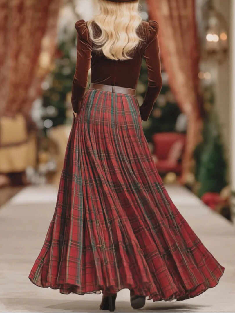 V-neck Lace Long-sleeved T-shirt And Red Plaid Skirt Set