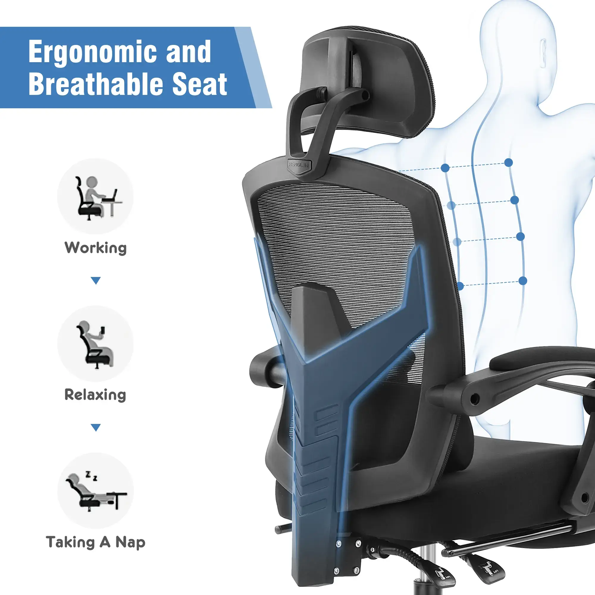 Height Adjustable High Back Ergonomic Office Chair with Lumbar Pillow & Retractable Footrest,  Padded Armrests and Adjustable Headrest