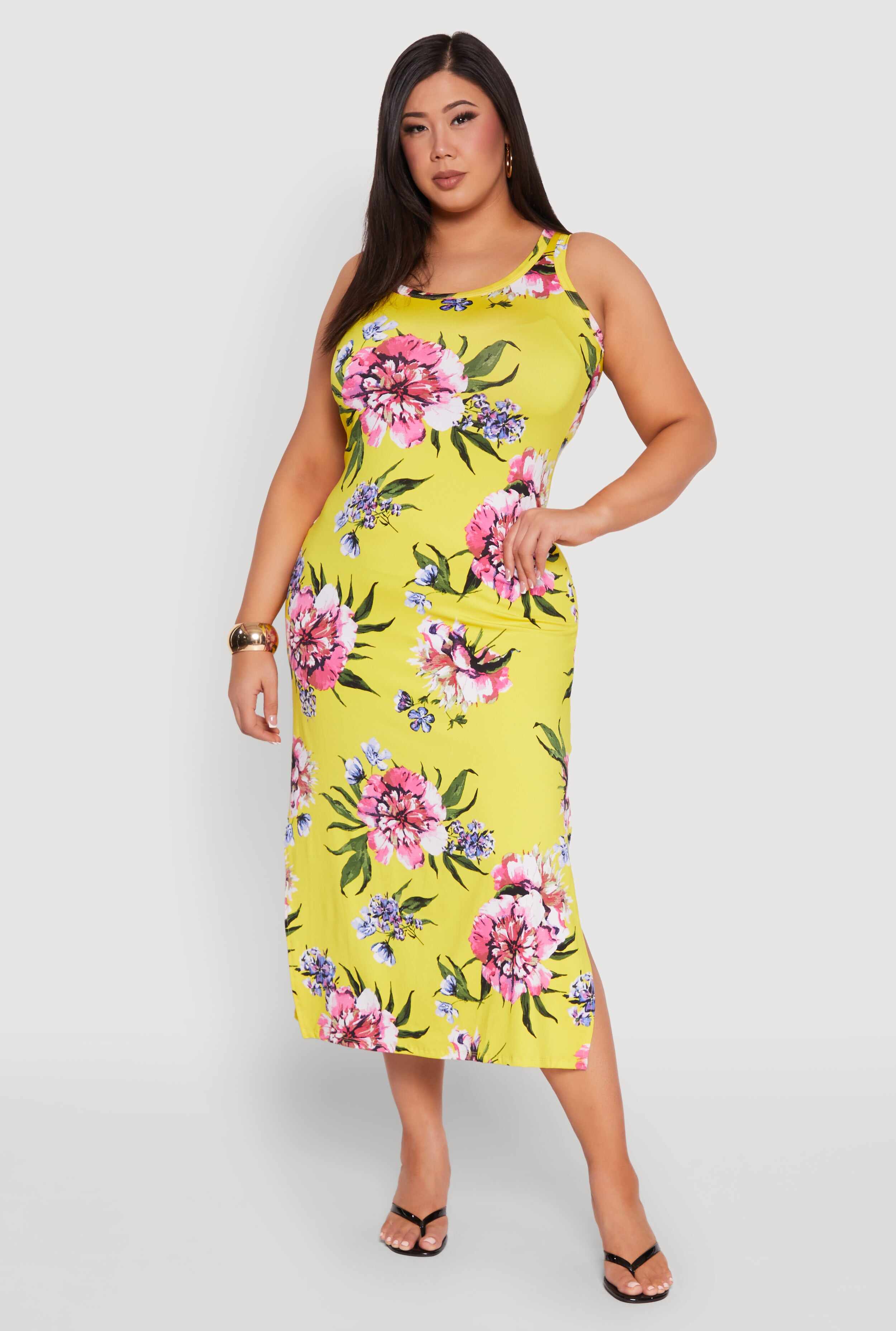 Plus Size Floral Side Slit Midi Dress