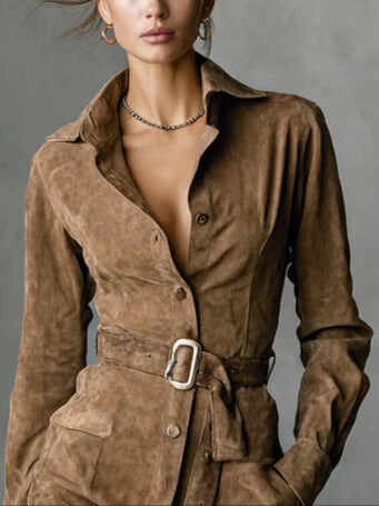 Suede Single Breasted Lapel Long Sleeve Midi Dress
