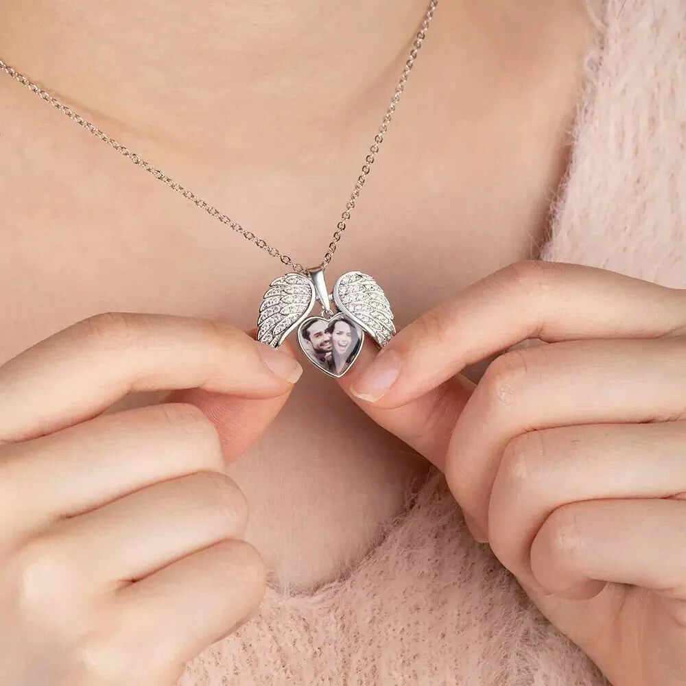 Heart Shape Angel Wing Photo Locket Necklace Anniversary Birthday Gift for Women