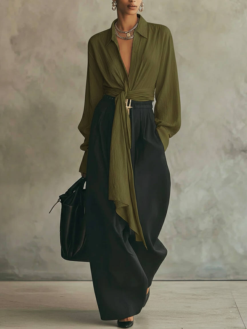 🔥Summer Arrivals🌟Elegant Minimalist Tie Shirt And Wide-leg Pants Two-piece Set