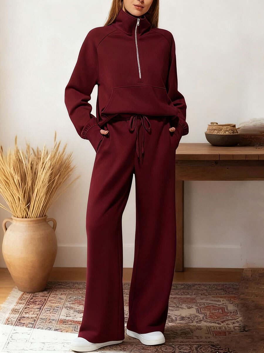 Women's Two-piece Set Half-zip Sweatshirt Wide-leg Pants Casual Suit.