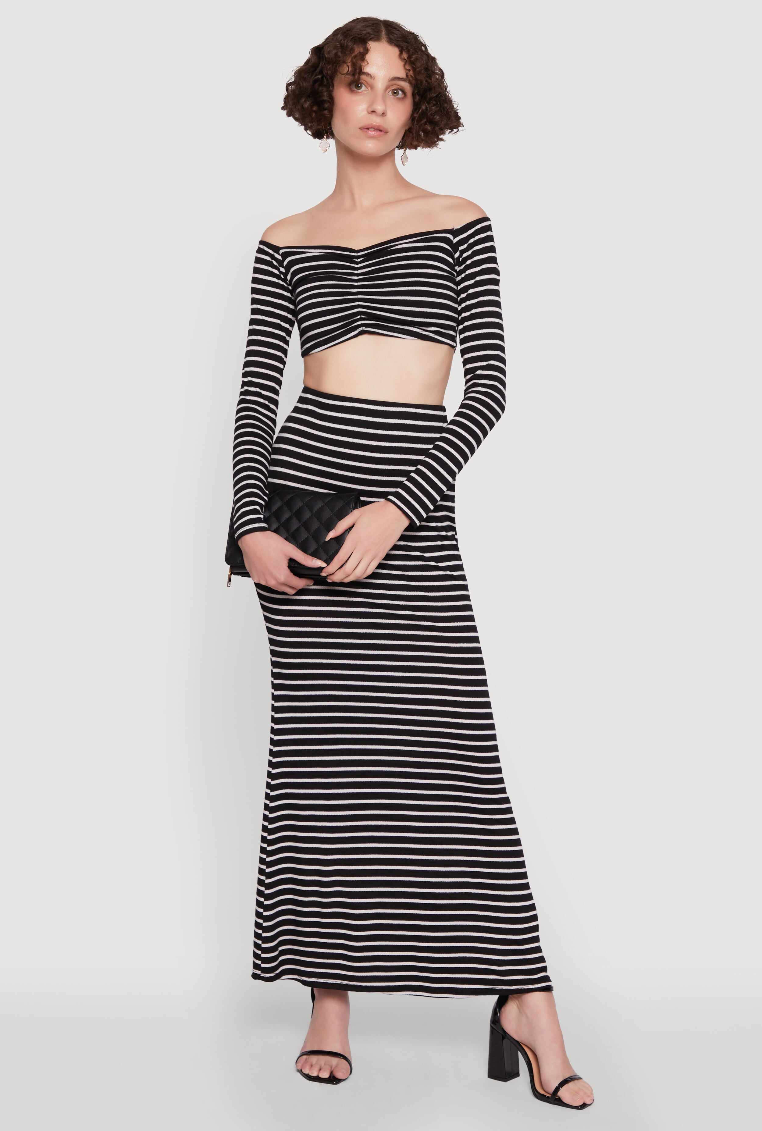 Chic Striped Off Shoulder Long Sleeve Top with Ruching and Cropped Hem