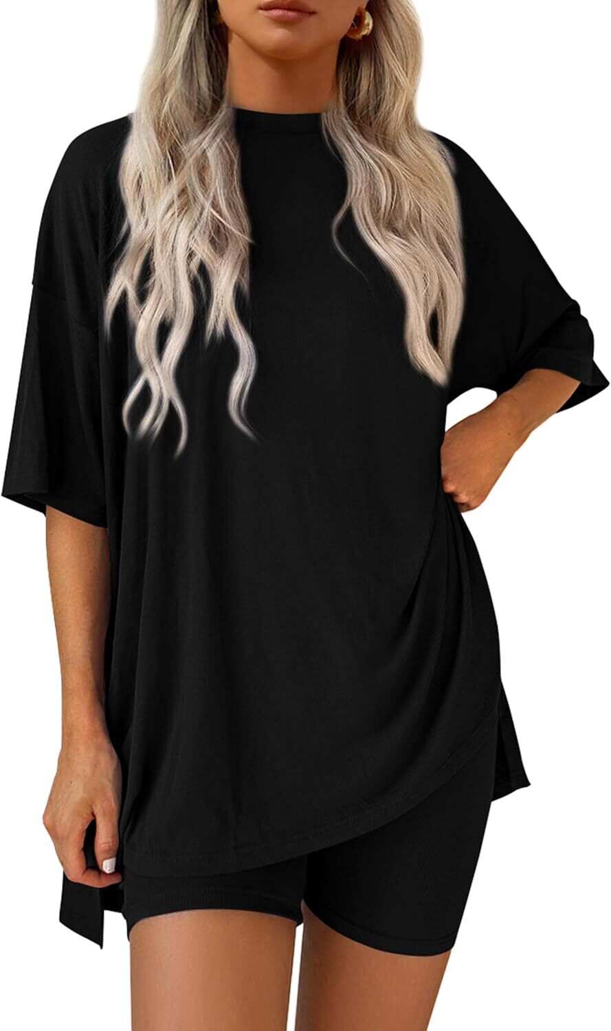 🔥Flash sale🔥Women's Two Piece Lounge Set 2026 Summer Casual Oversized Shirts  Biker Shorts Matching Airport Travel Outfit