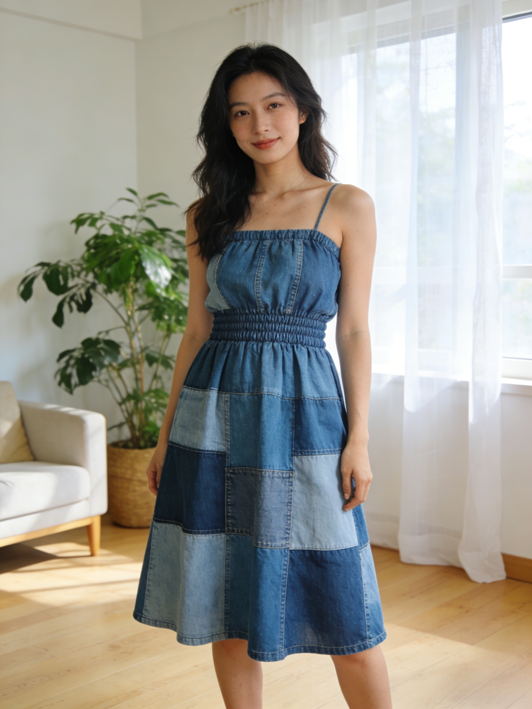 Blue Patchwork Elastic Waist Denim Skirts Summer