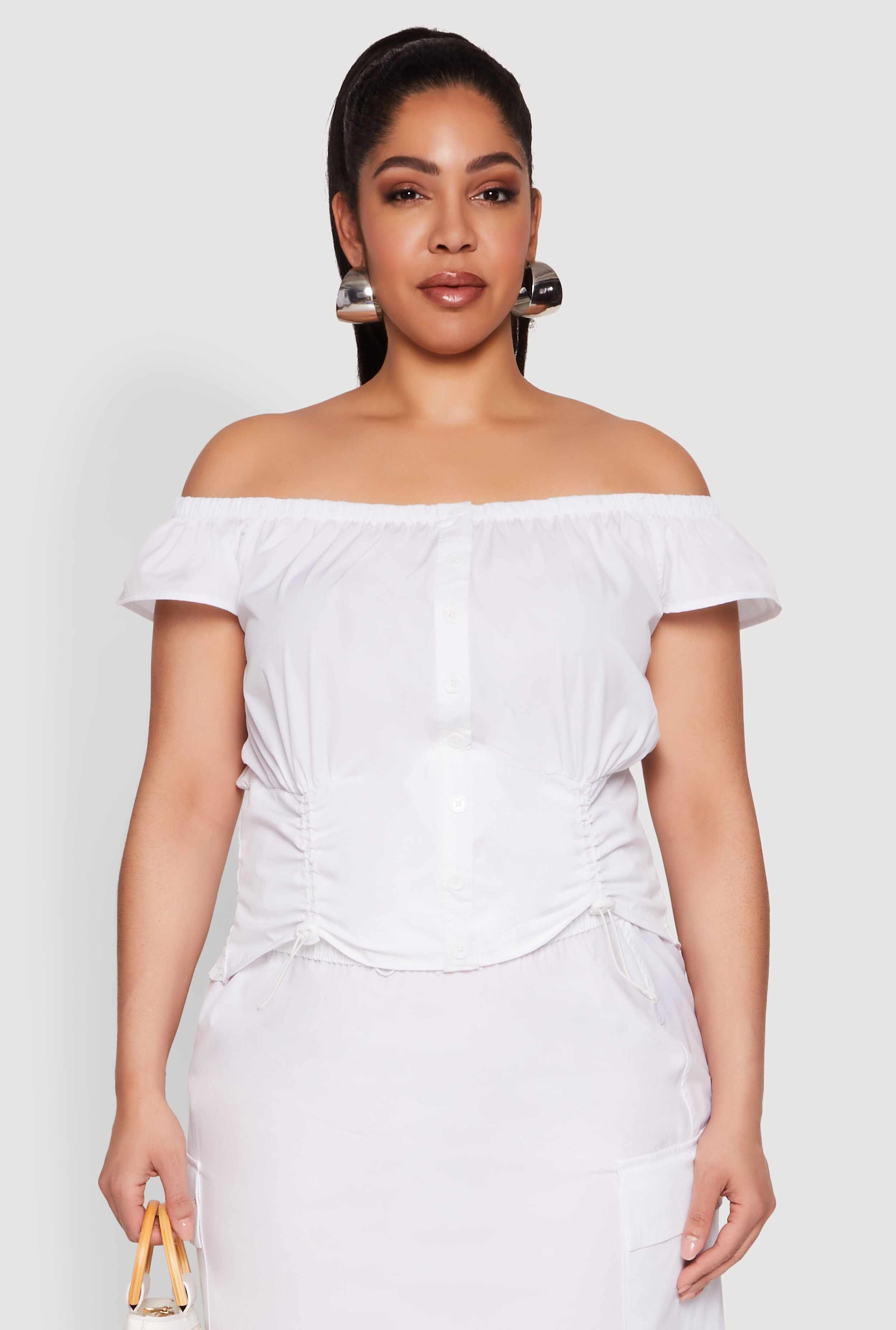 Plus Size Nylon Toggle Drawstring Off the Shoulder Top