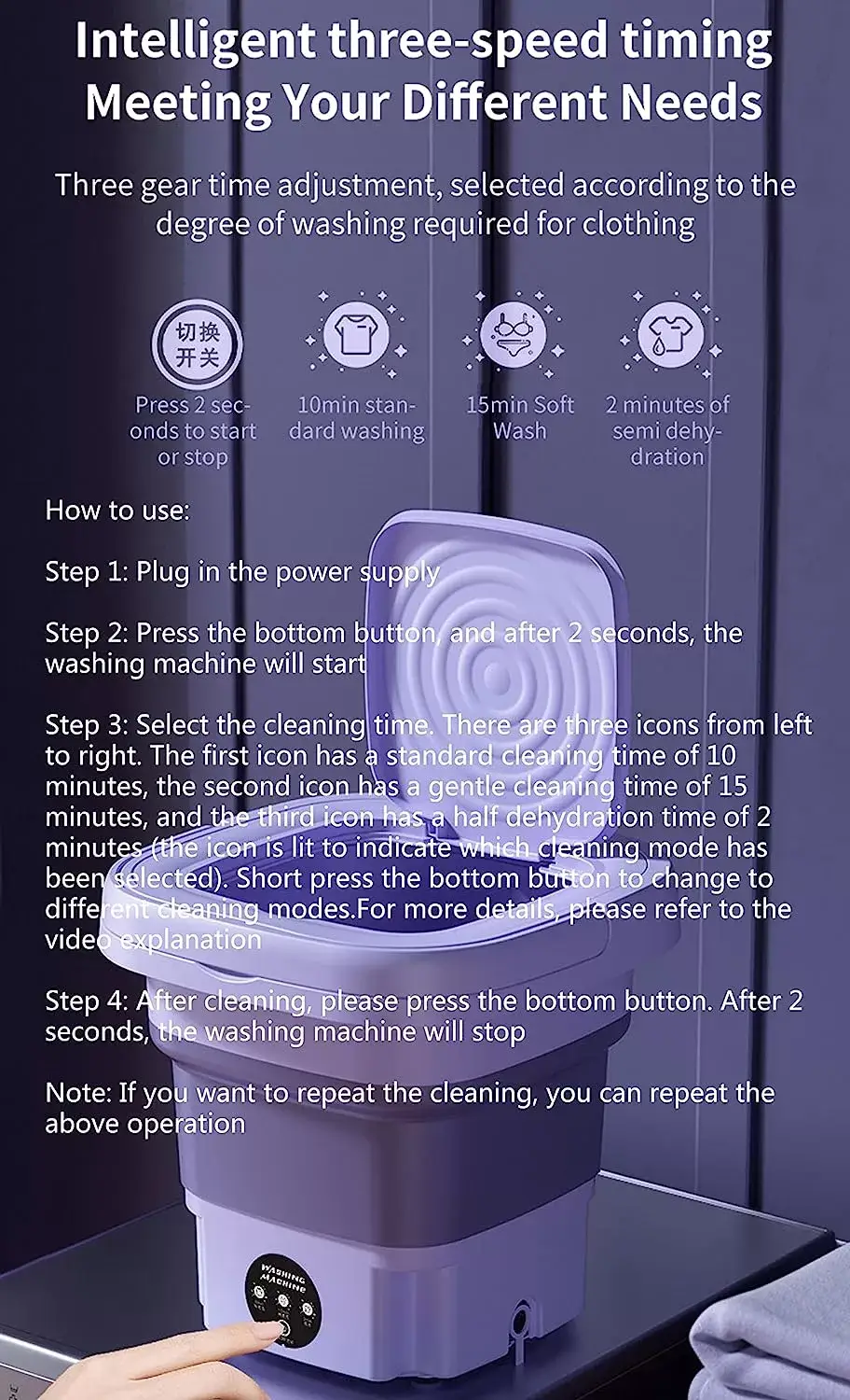 Portable Washing Machine, High Capacity Mini Washer with 3 Modes Deep Cleaning Half Automatic Washt, Foldable Washing Machine with Soft Spin Dry for Socks, Baby Clothes, Towels, Delicate Items (Purple)